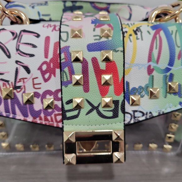 Graffiti Print Clear 2pc Crossbody Clutch w/ Studs & Removable Zippered Pouch - Picture 9 of 11